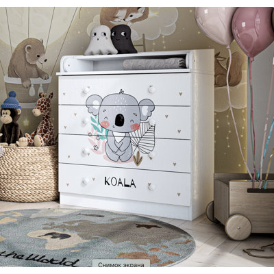 80cm Wide 4-Drawer Baby Changing Table with Folding Changing Top - White, Koala Print