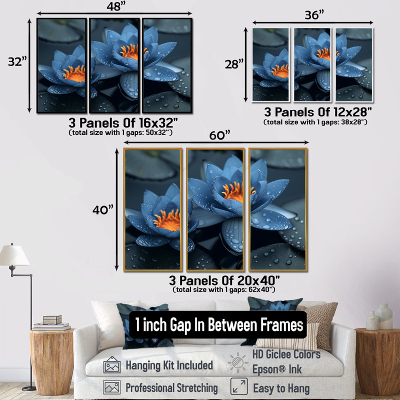 «Blue Monicolang Lotus Pond Radiant Blooms III - Lotus», ensemble d'art mural, Toile naturelle avec cadre flottant