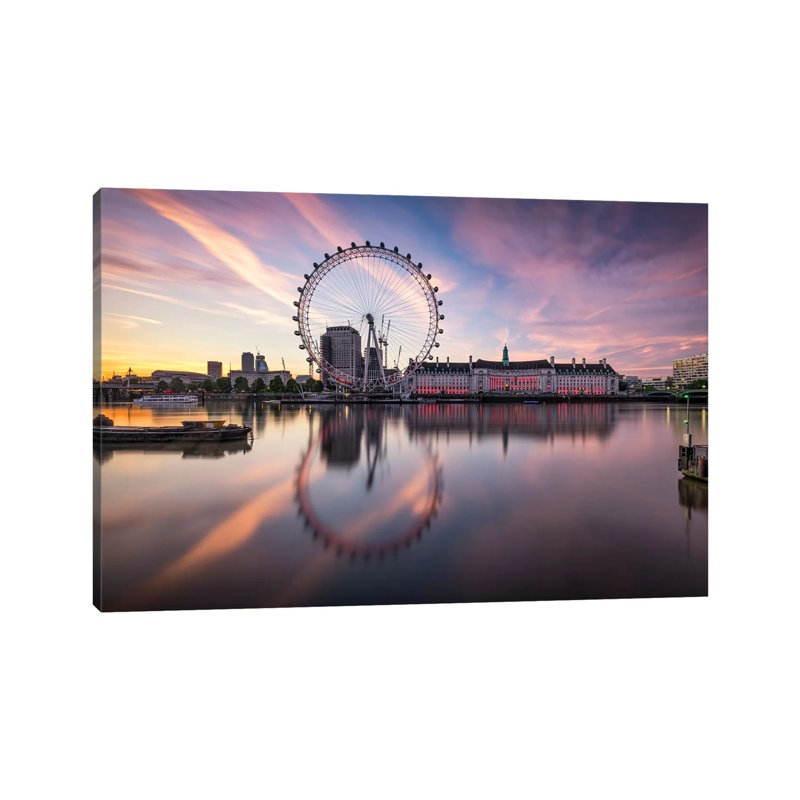 London Cityscape Along The Thames River With Millenium Wheel by Jan Becke - Print on Canvas, 66.04cm H x 101.6cm W x 3.81cm D