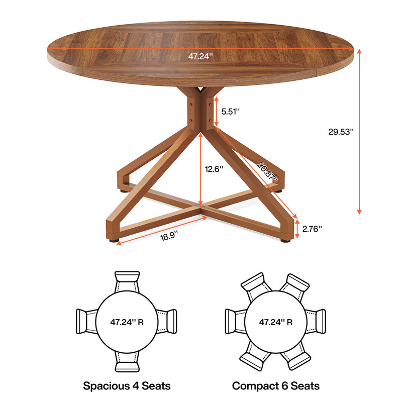 Brown Round Wood Dining Table with Metal Pedestal Base