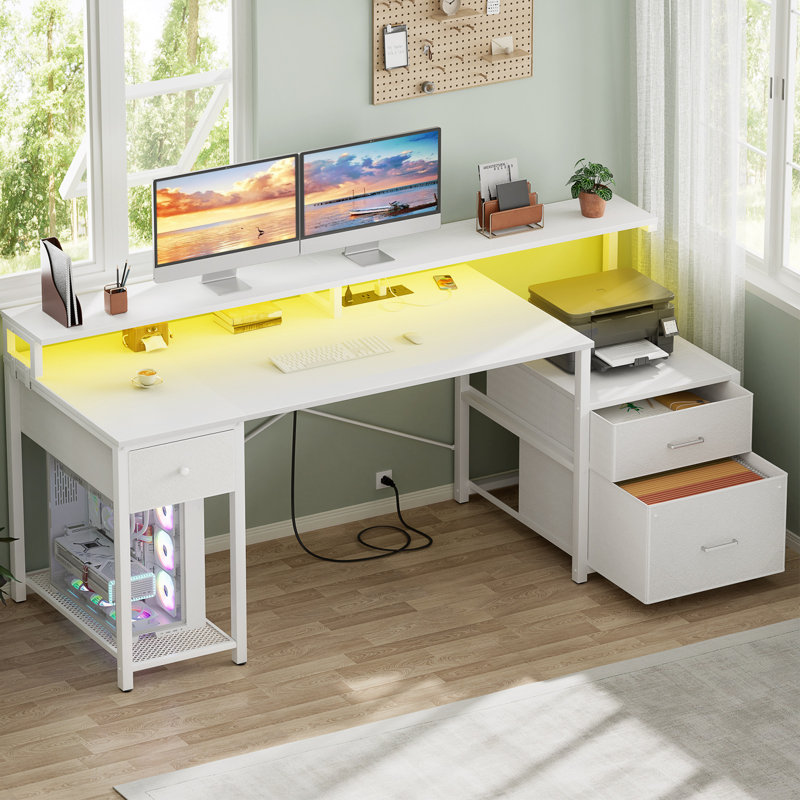 Bureau 59 po avec 3 tiroirs, prise de courant, lumières DEL et tablettes de rangement Marlize, Blanc