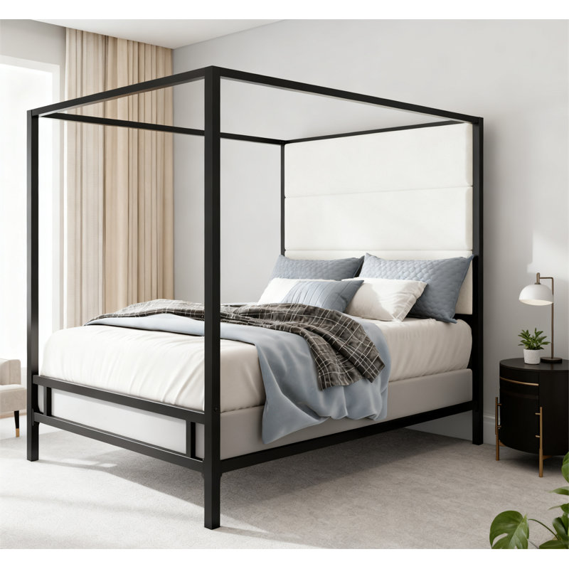 76.5" Tall Velvet Fabric Upholstered Headboard Metal  Canopy Bed, King, Black/White
