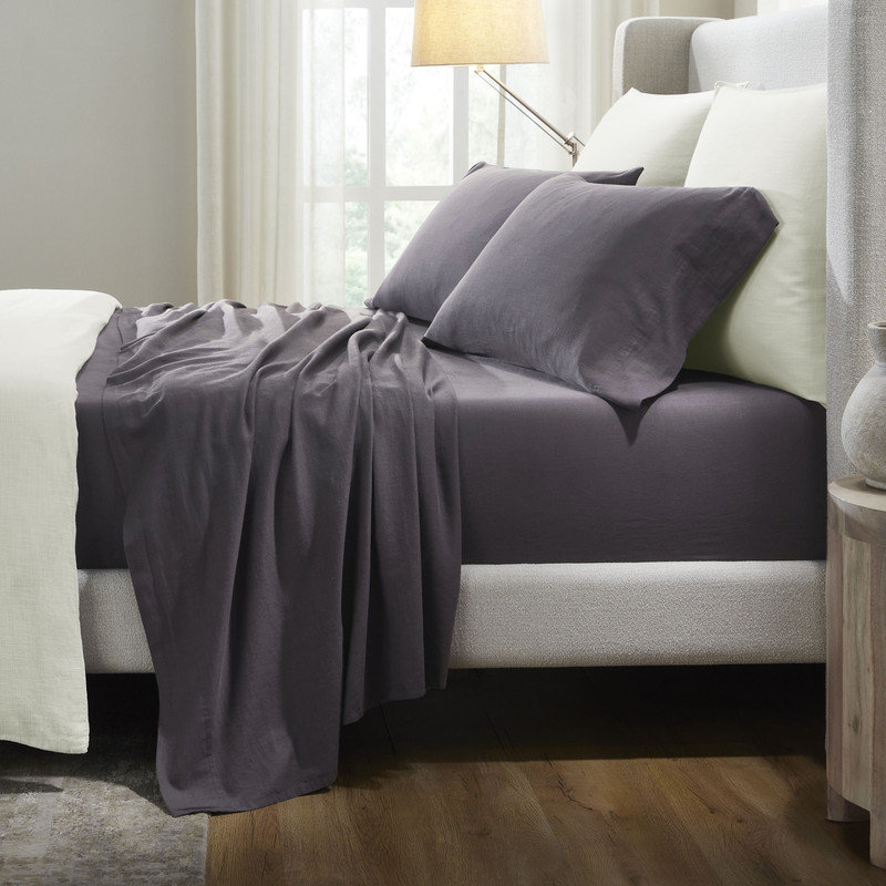 Chloe 100% Cotton Linen Texture Vintage Wash Solid Deep Pocket Percale Sheet Set, Plum, Queen Sheet Set