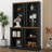 Two-Piece Freestanding Tall Cabinet With Fully Open Storage, Walnut Element Bookshelves With Curved Design-2073693349