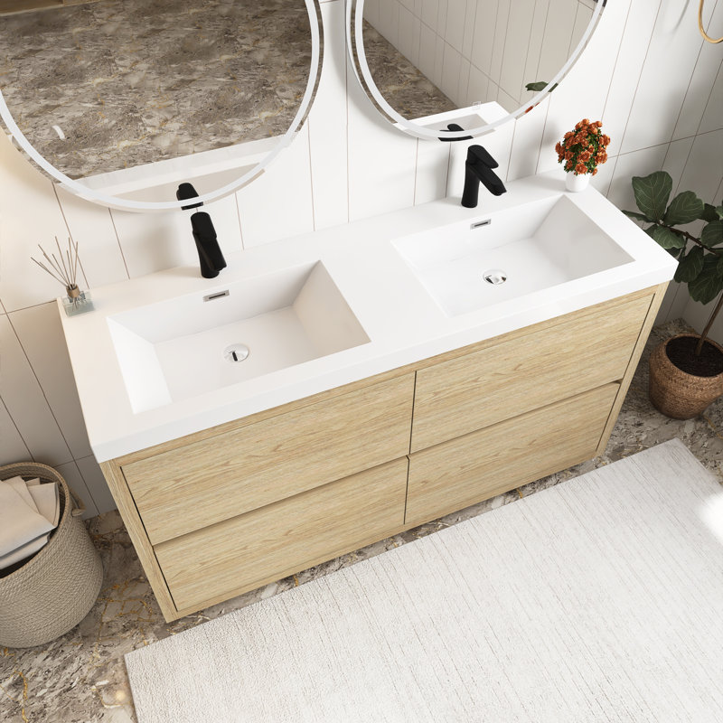 Meuble-lavabo autoportant de 60 po avec lavabo, Bois de chêne naturel