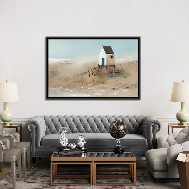 " Beach Cabins II " by Jean Jauneau, 18" H x 26" W x 1.5" D, Black Framed Canvas, No Mat
