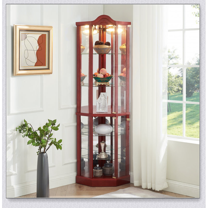 Vitrine d'angle éclairée en verre avec poignées en métal pour un rangement élégant des objets de collection et une décoration intérieure raffinée