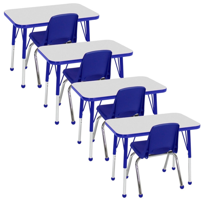 Table d'activités 18 "x 30" rectangulaire à moulures en T avec pieds standards et chaise empilable 14 "avec glissières à billes, paquet de 4 - gris / bleu
