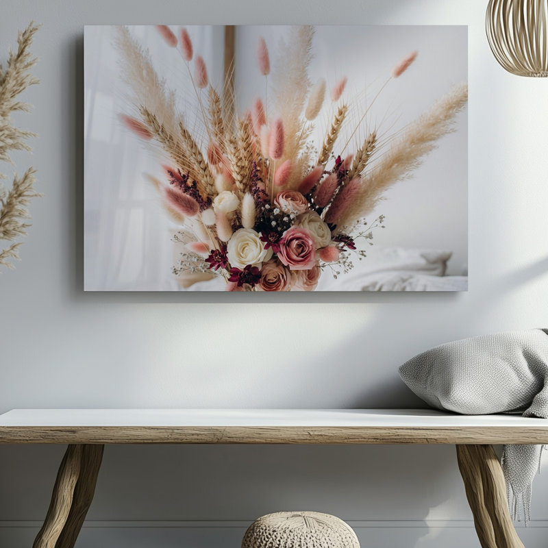 Toile, "Bouquet de fleurs séchées", art mural pastel doux avec des tons de crème rose et de beige avec toile délicate