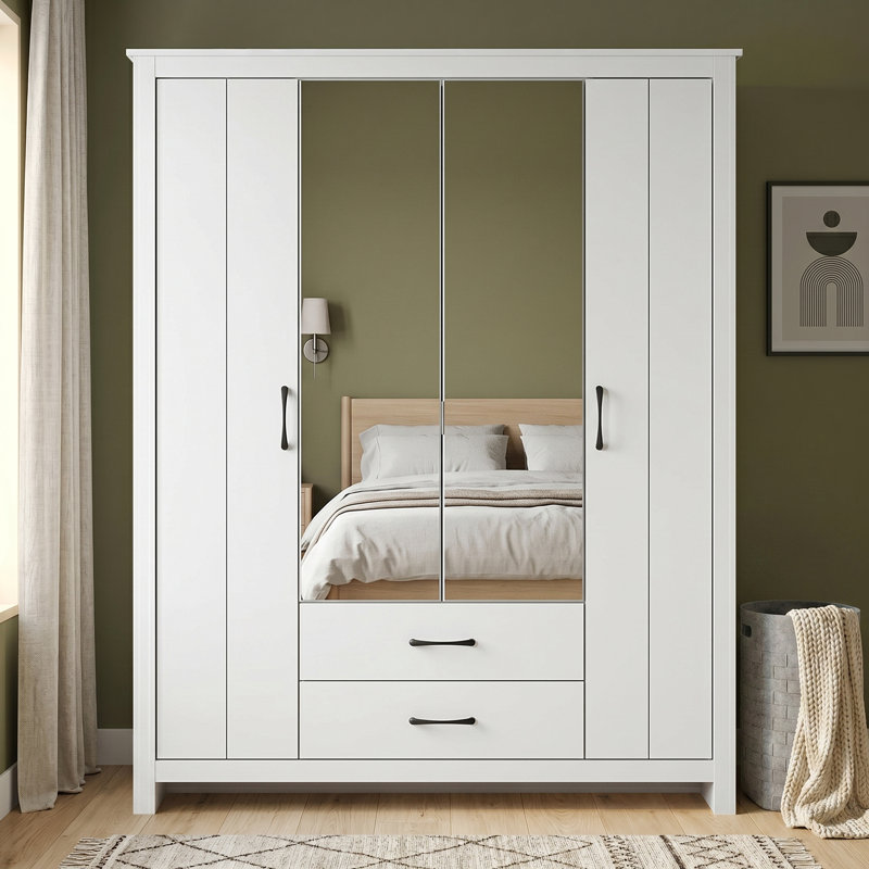 4 Door 2 Drawer Wardrobe with Mirror, White
