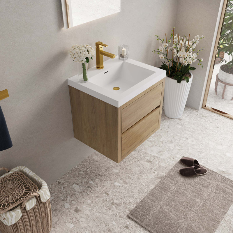 Meuble-lavabo mural 24 po avec lavabo, meuble de rangement flottant pour salle de bain avec comptoir en résine de pierre et tiroirs à fermeture en douceur