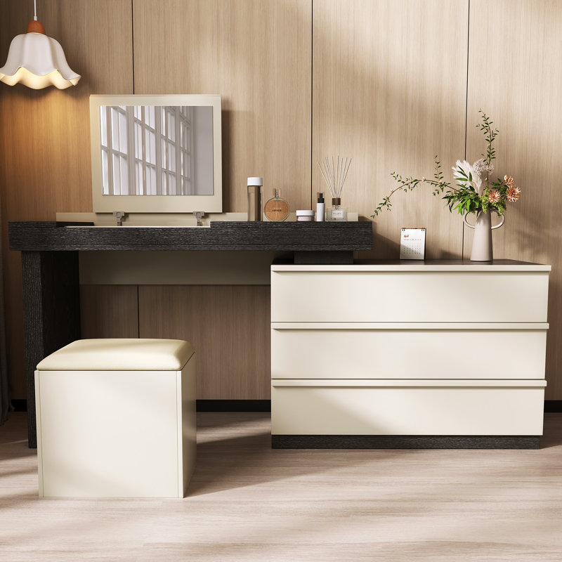 Meuble-lavabo moderne extensible avec miroir caché, tiroirs de rangement et tabouret assorti - idéal pour les petits espaces de chambre