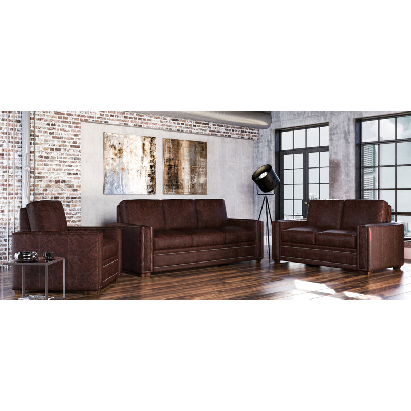 Ensemble de salon en cuir 3 pièces Albinca, Cuir véritable brun