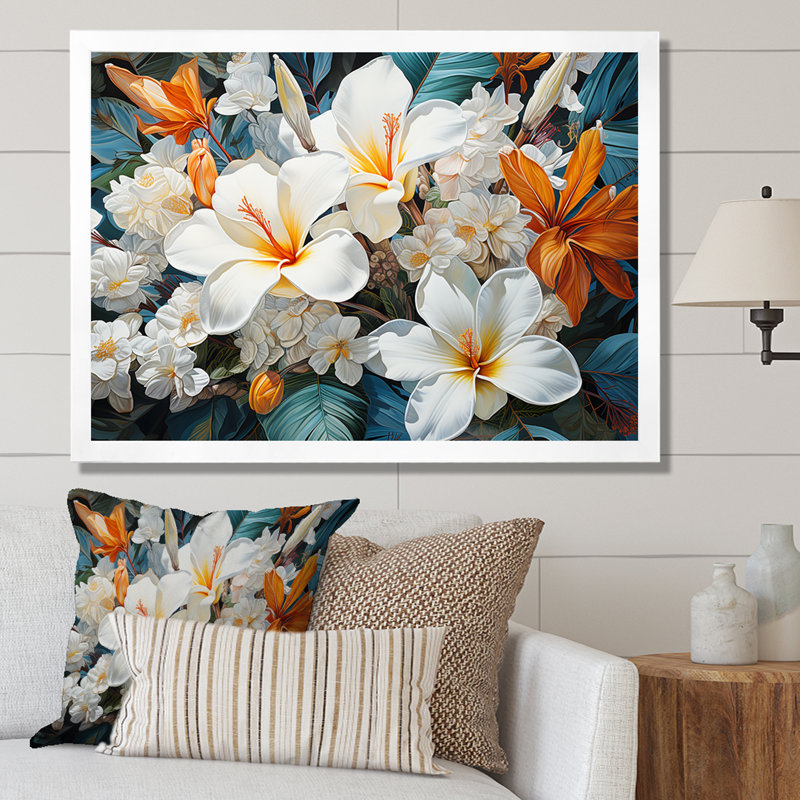 Fleur de plumeria beige et blanche, H 24 po x l 32 po x P 1 po, Cadre simple blanc