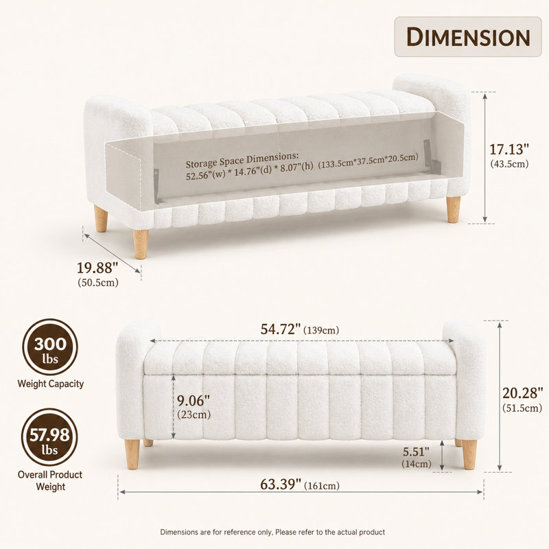 Banc de rangement rembourré 63 po, Blanc / rayé, Blanc