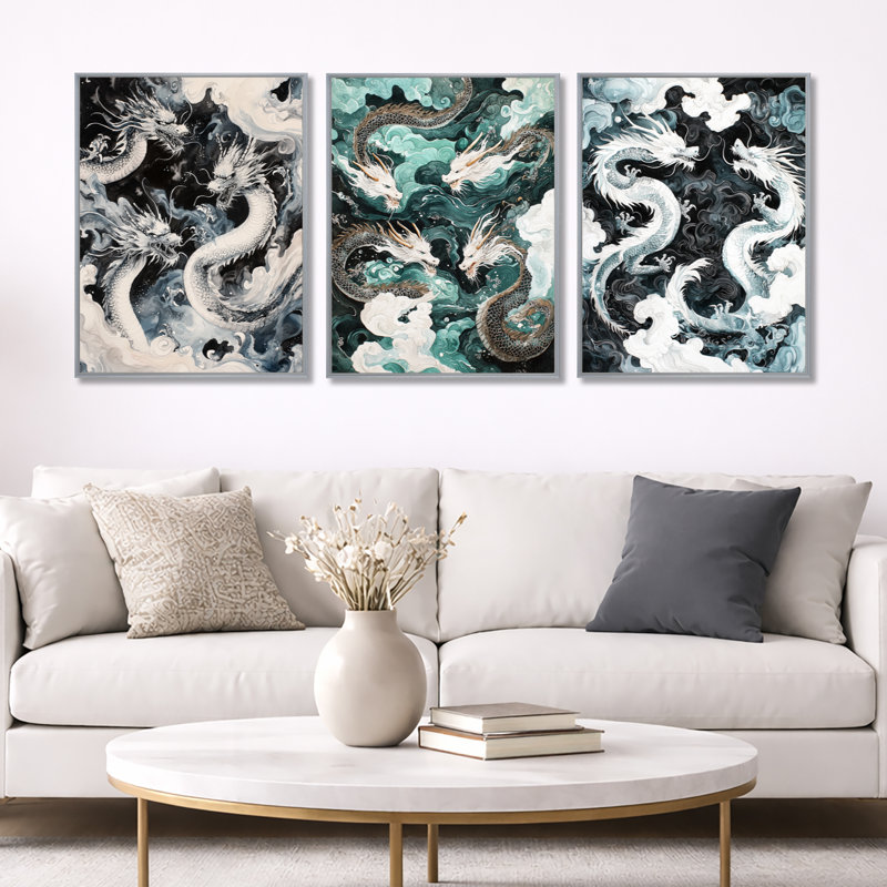 «Chinese Majestic Dragons Fight - White Dragons», reproduction sur toile encadrée 3 pièces, Encadrement argenté