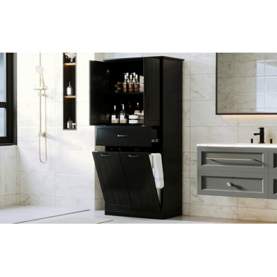 Stylish Storage Cabinet For Bathroom, Storage Cabinet With Two Laundry Baskets, Bathroom Storage Cabinet With Doors And Drawer