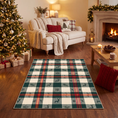 Tapis de Noël Sultaniye moderne à carreaux rouge crème, doré, antidérapant, à poils bas, intérieur, extérieur, animaux de compagnie, salon, chambre à coucher, salle à manger, vestibule, vestibule, tapis de Noël