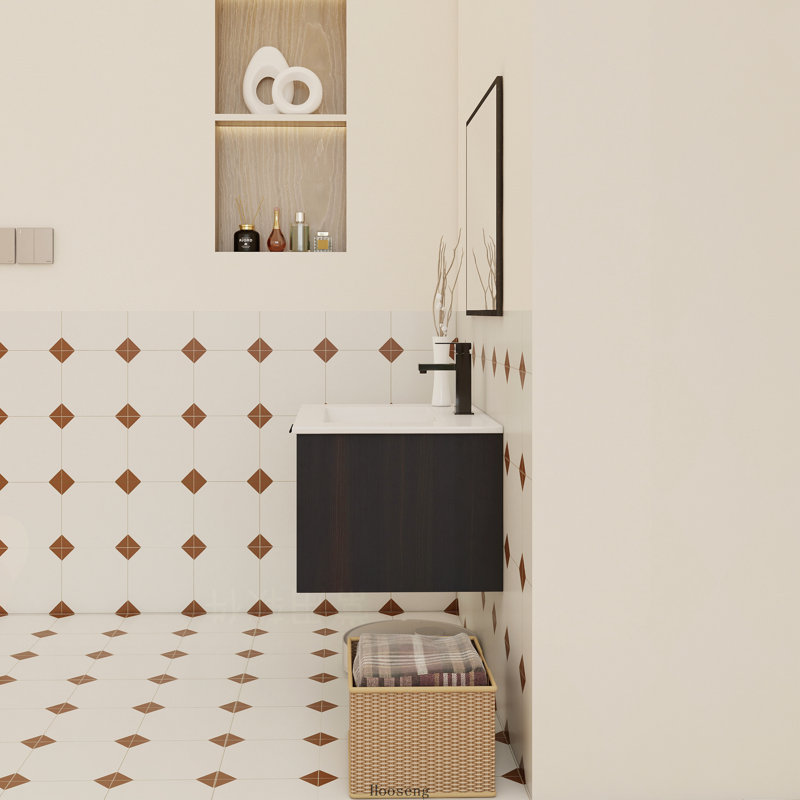 Meuble-lavabo mural 24 po en chêne foncé flottant avec lavabo en céramique, tablette ouverte et porte à fermeture en douceur