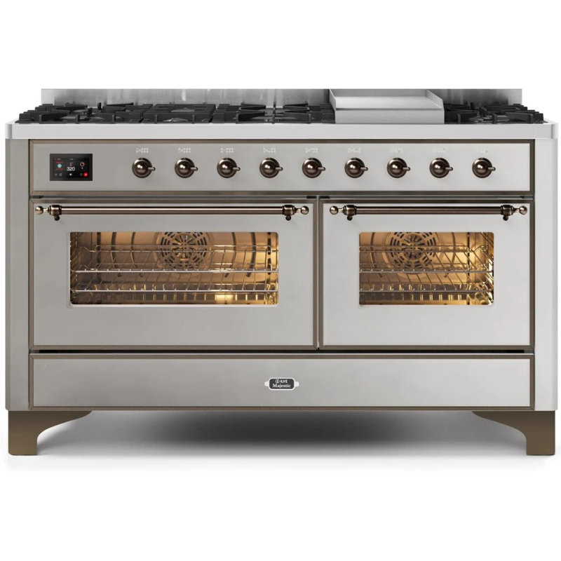 ILVE UM15FDNS3BGG Majestic II 60 inch Dual Fuel Range with 9 Burners, Griddle (Natural Gas, Triple Glass Door, Blue Grey, Brass)