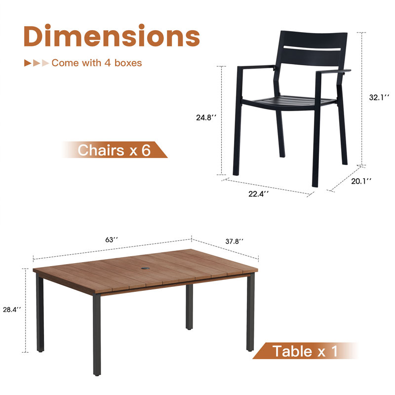 Rectangular Outdoor Dining Set wth 63" Metal Dining Table and 6 Armrest Dining Chairs, Brush Wood Brown/Black