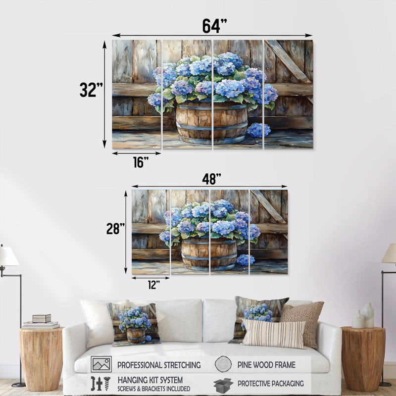 Hydrangées dans un tonneau en bois - Art mural hortensia - Art mural traditionnel sur toile, 4, H 28 po x l 48 po