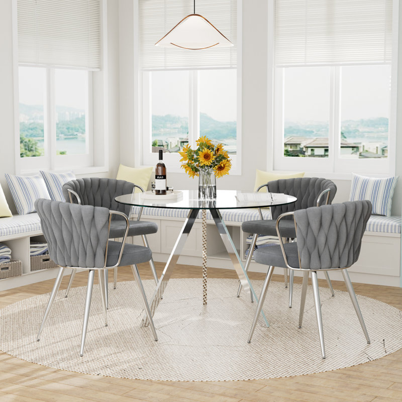 Ensemble de table ronde en verre pour 2 à 4 personnes, H 29,5 po x l 39,2 po x P 39,2 po, 5 pièces: table, 4 chaises, Gris