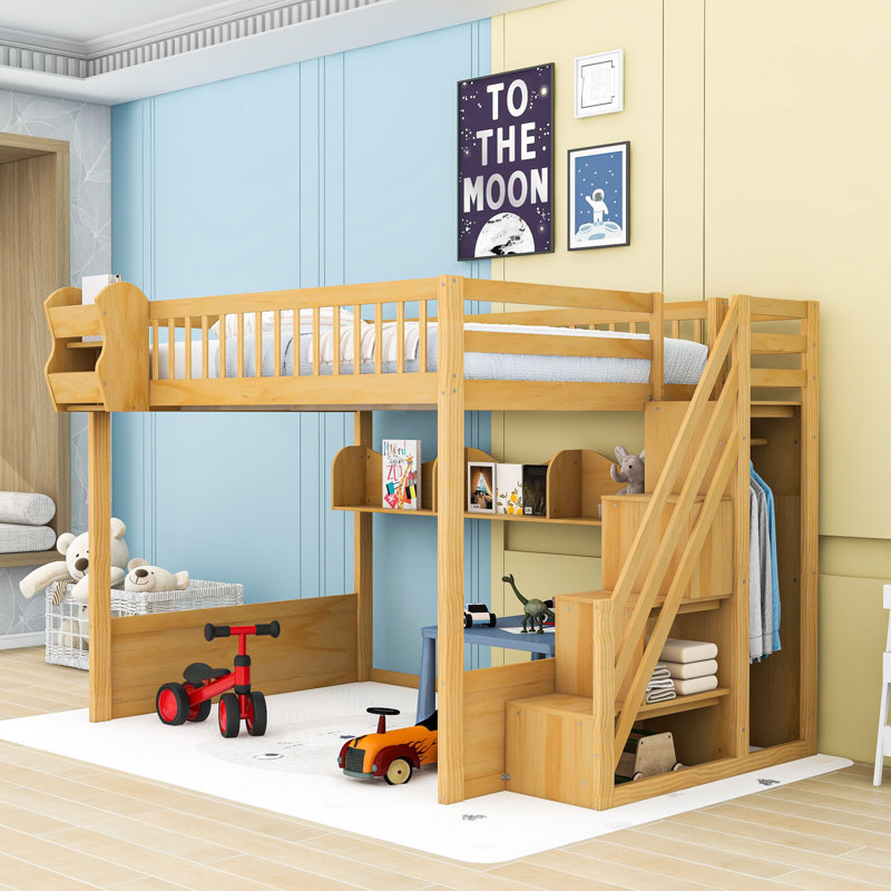 Grand lit mezzanine avec garde-robe intégrée, tablettes de rangement et espace sous le lit, Naturel