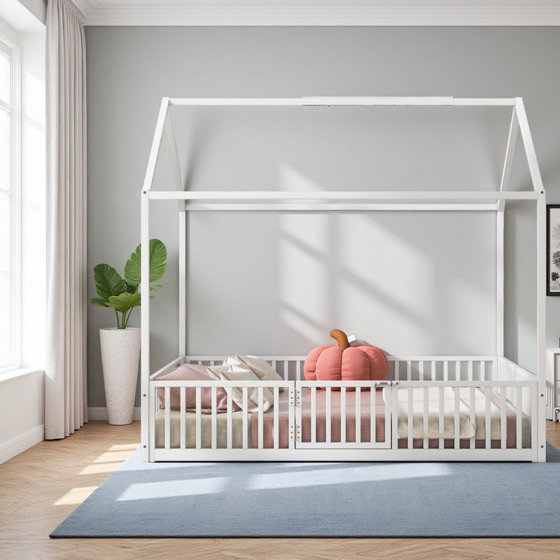 Metal House Bed With Fence And Door, Full, White
