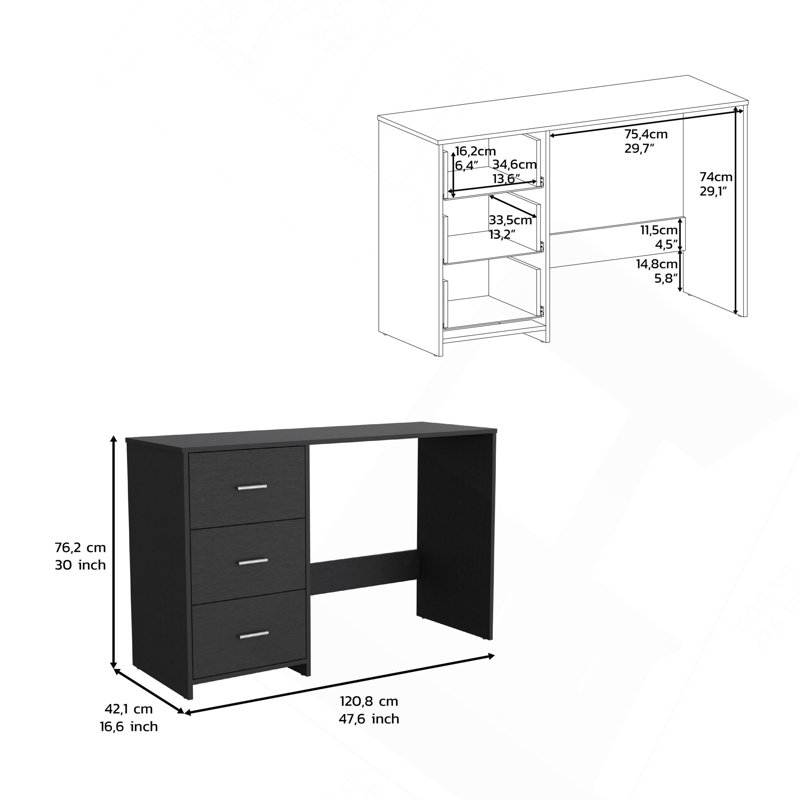 Bureau d'écriture, 3 tiroirs, noir