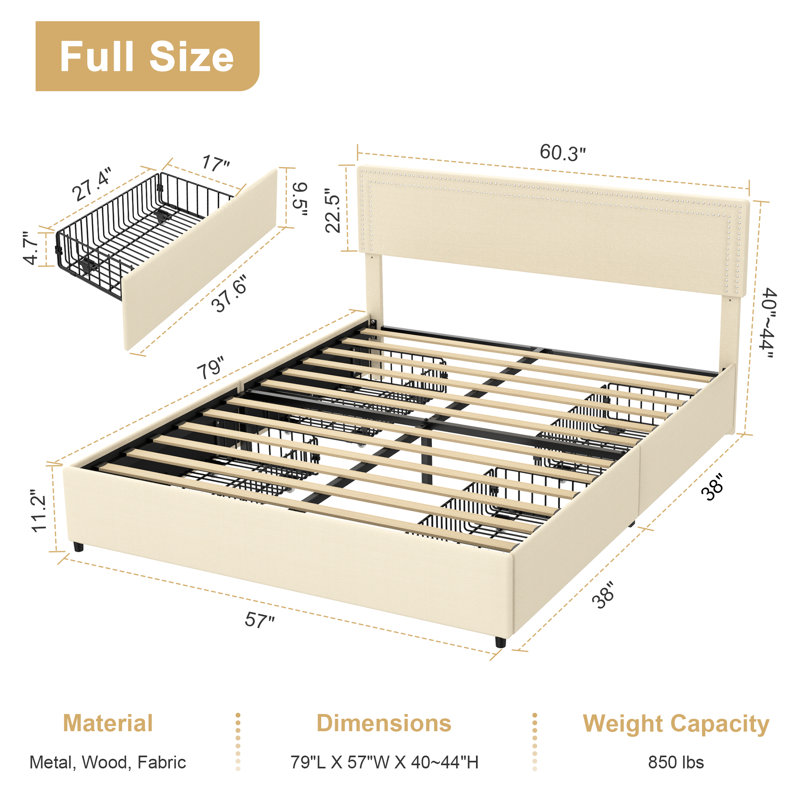 Upholstered Metal Platform Storage Bed, Full / Double
