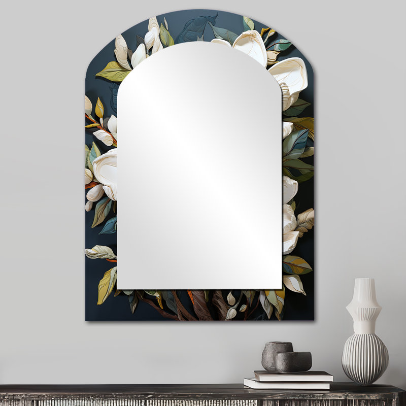 Blanc blanc jaune Magnolias Southern Charm Patchwork - miroir asymétrique Magnolias, miroir mural décoratif arche blanche, impression d'art en métal