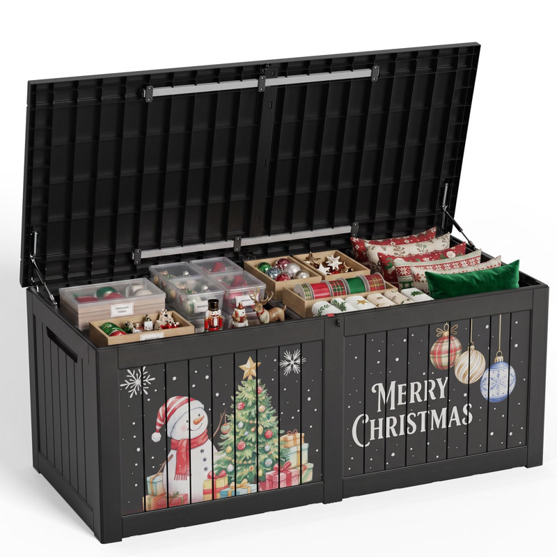 Boîte de rangement de 280 gallons en résine pour l'extérieur, grand contenant de rangement imperméable avec bonhomme de neige décoratif et arbre de Noël