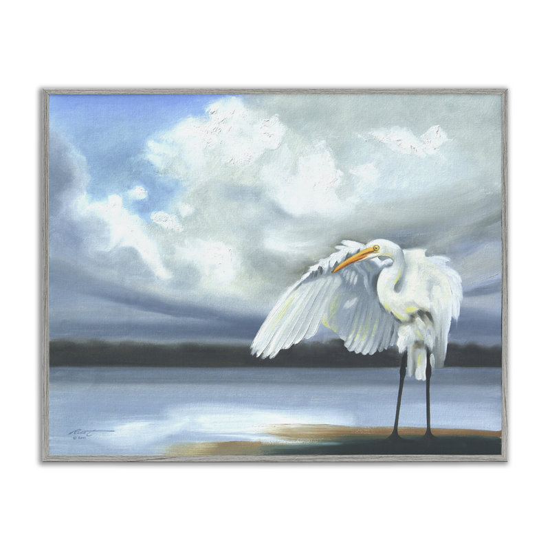 «Egret on Cloudy Beach Shore», estampe numérique par D. Rust, H 11 po x l 14 po, Estampe numérique Farmhouse