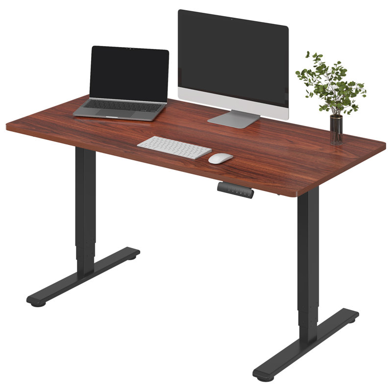 Bureau debout électrique à 3 étages à deux moteurs, 48.8" H x 55" W x 28" D, Acajou / Noir