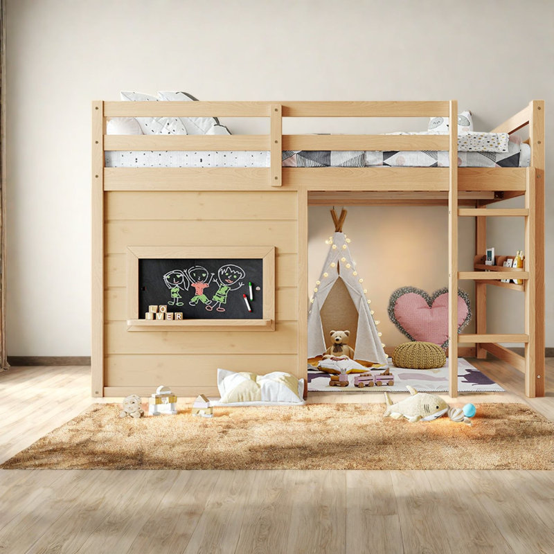 Lit mezzanine double compact, panneau de fibres à densité moyenne en bois de pin pour chambre d'enfant