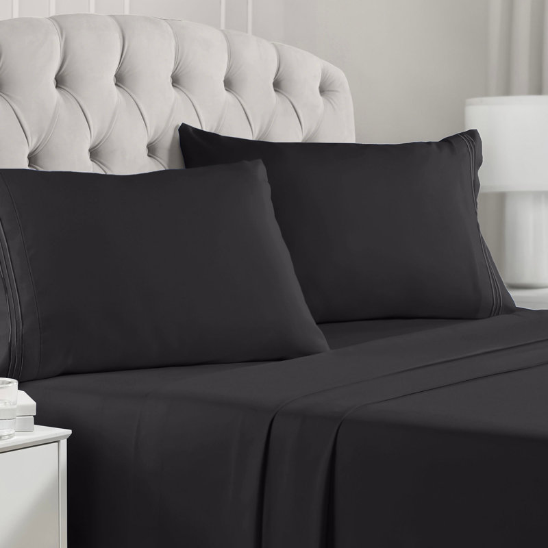 Ensemble de draps 6 pièces Mellanni 1800, Ensemble de draps pour lit simple avec deux taies, Noir