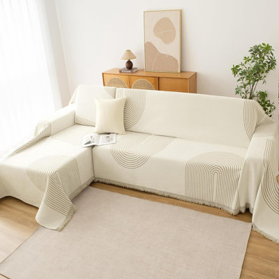 Arc Beige Boho Chenille Sofa Cover – Washable Slipcover For 3-Cushion L-Shaped Sectional Or Loveseat, Soft With Tassels (71 × 134 In), Pet-Friendly