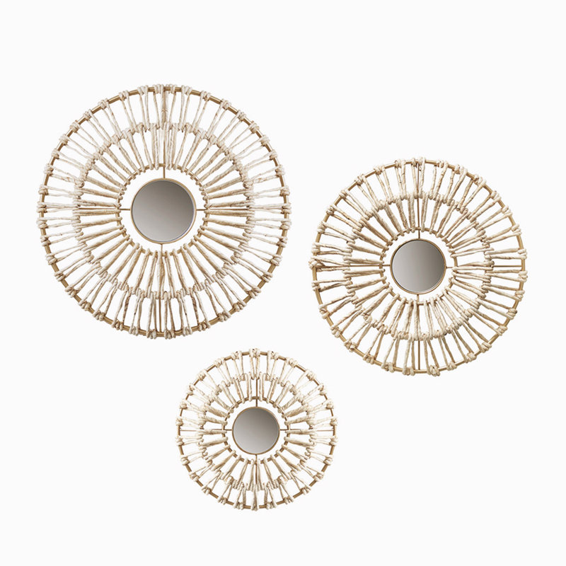 Gold Corn Husk Wrapped Round Decorative Mirror Set