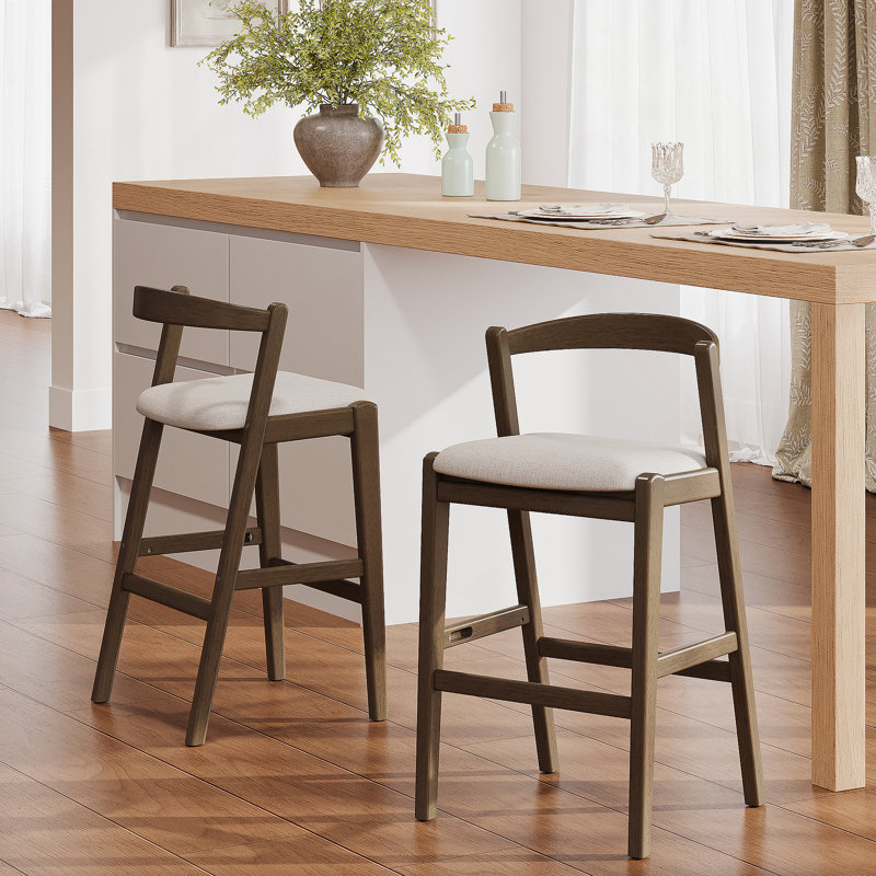 Tabouret de bar d'intérieur en bois d'hévéa, finition brun foncé et revêtement beige, ensemble de 2, Noyer