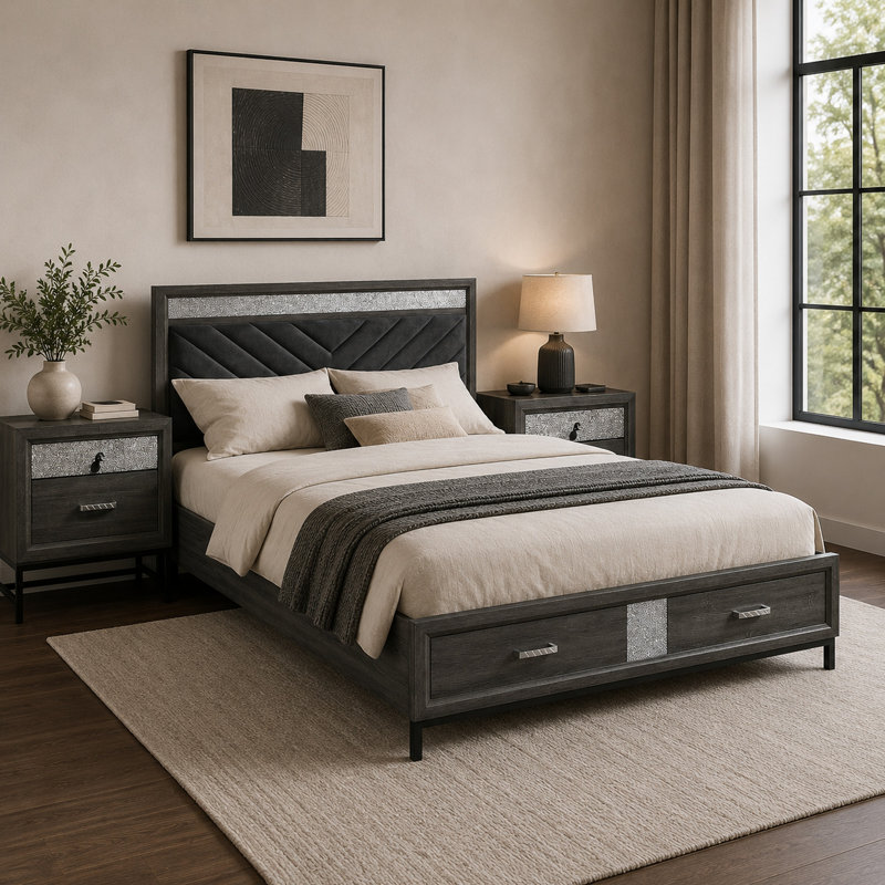 Ensemble de chambre à coucher grand lit, gris, argent, bois noir, ensemble de 3 pièces avec 2 tables de chevet