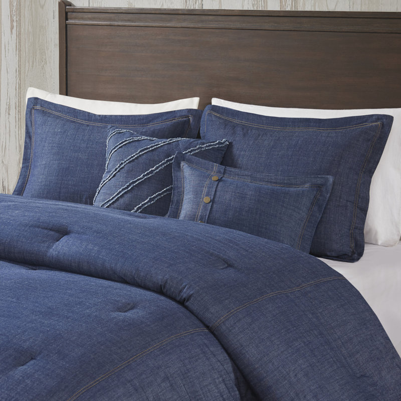 Blue Cotton King Bedspread Set with Button Detail