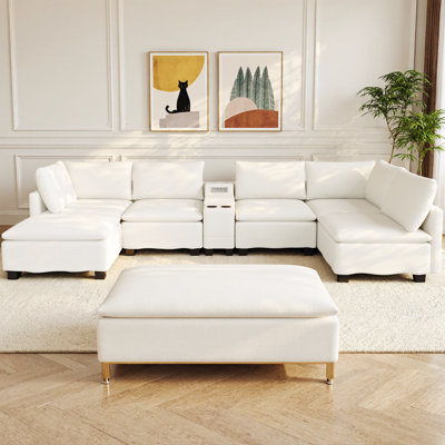 CloudHaven Modular U-Shaped Sectional Sofa with Movable Ottoman, Convertible Chenille Cloud Sofa Bed with Bluetooth Speaker, USB Ports, Cup Holders & Hidden Storage for Living Room