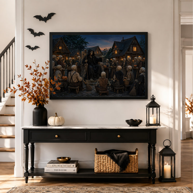 Roi squelette à capuchon s'adressant à un village rustique - Toile murale d'Halloween, 12"H x 18"W