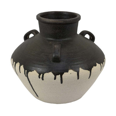 Caleb Accent Vase With Drip Pattern, Angled Handles Black Gray Ceramic