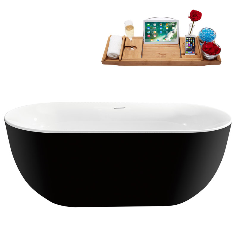 59'' Streamline Freestanding Soaking Acrylic Bathtub With Drain and Bamboo Tray, Brushed Gold