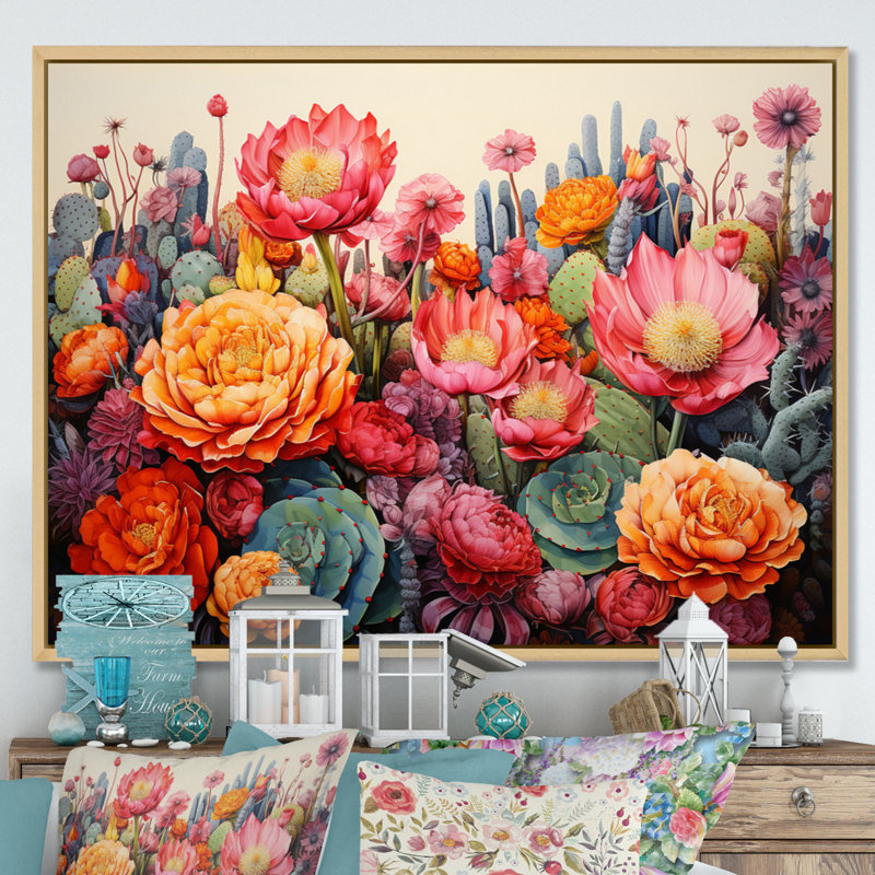 Désert cactus jardin IV - art mural désert, H 12 po x l 20 po x P 1 po, Cadre flottant érable