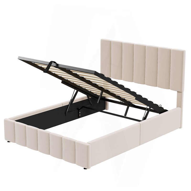 Lit plateforme tapissier double avec système de rangement hydraulique - beige