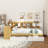 Wooden L-Shape Daybed With Seven Storage Cabinets And Two Storage Drawers, Multi-Functional Bed With Study Desk And Built-In Bookshelf-111514412-111514414