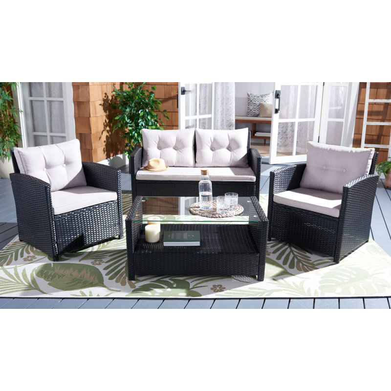 Anyuta Wood 4 - Person Patio Conversation Set with Cushions, Black Frame/Light Gray Cushion
